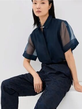 Simkhai Ryett Crop Sheer Organza Short Sleeve Shirt Womens Medium Navy Blue